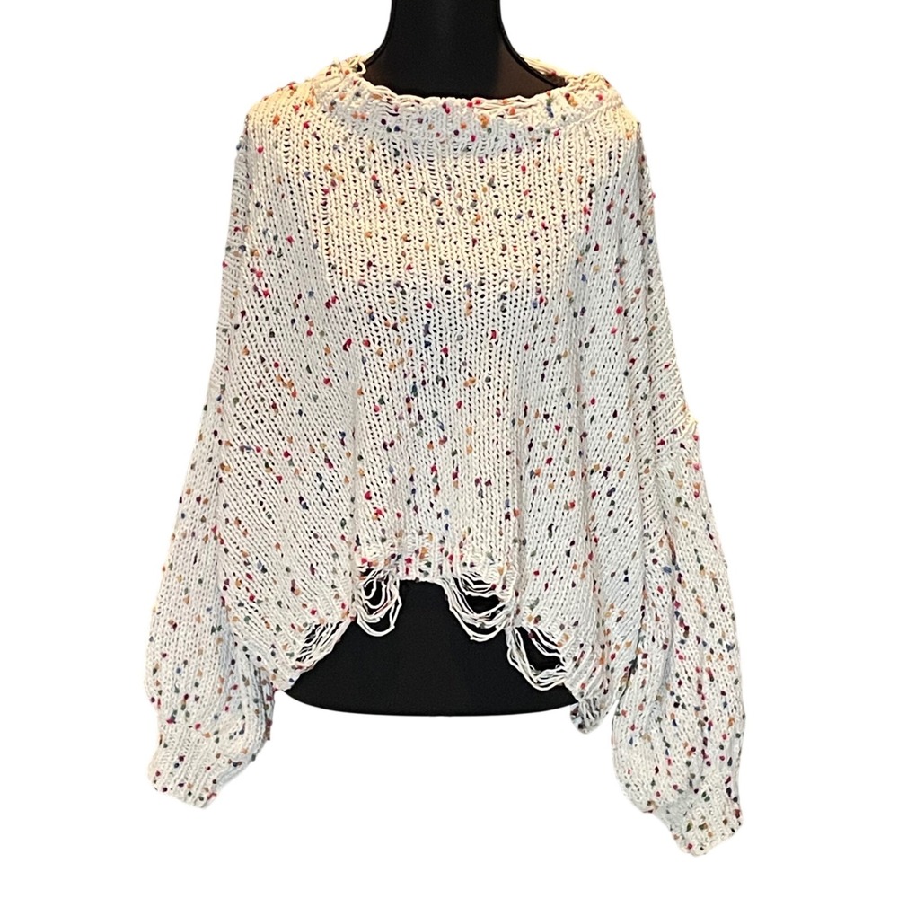 Macaron Confetti Knit Oversized Distressed Sweater Cream Multi Medium Balloon